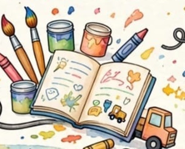 Pincéis, tintas, giz de cera e um livro aberto